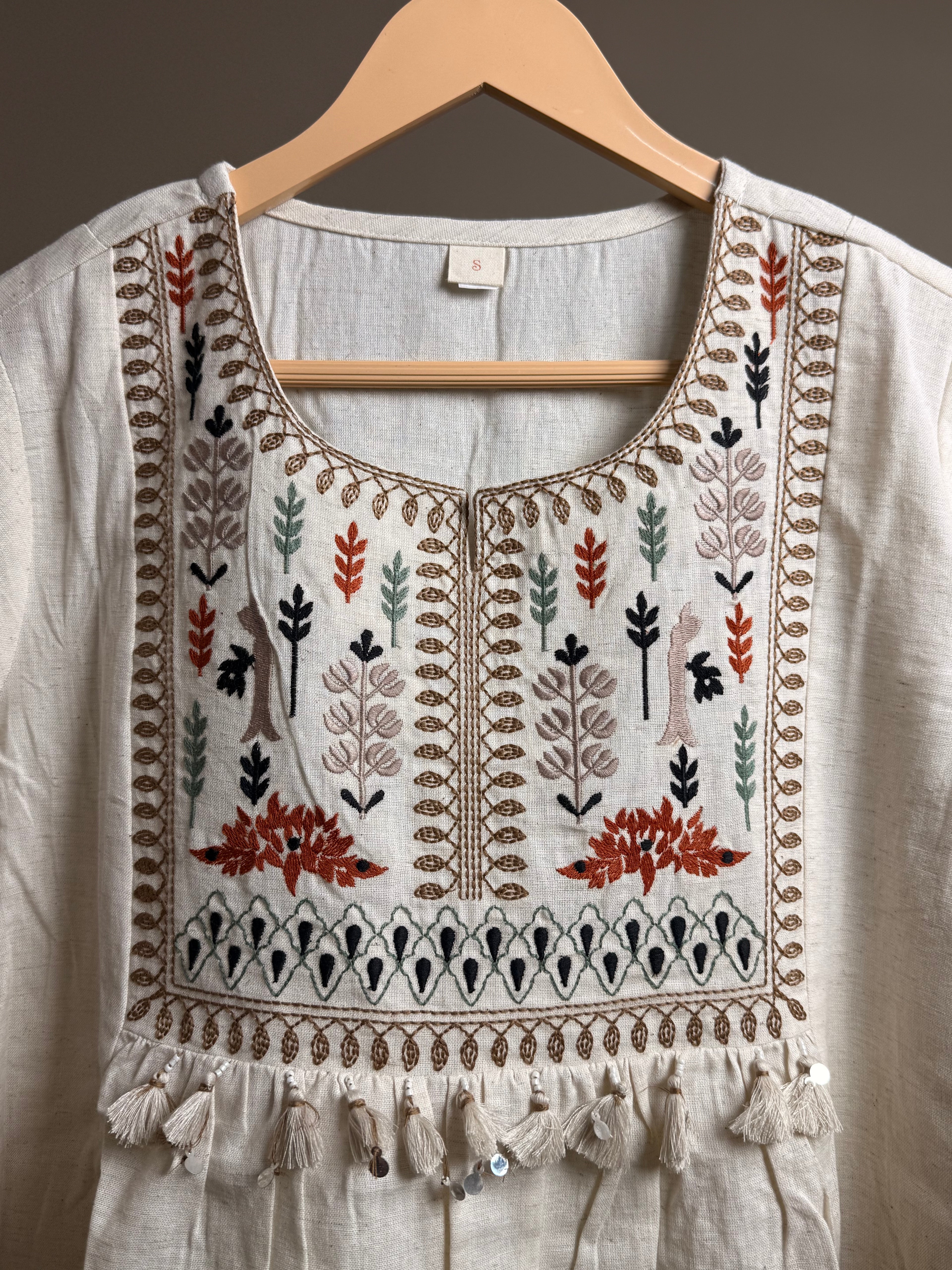 Boho Meadow Embroidered Tassel Kurti
