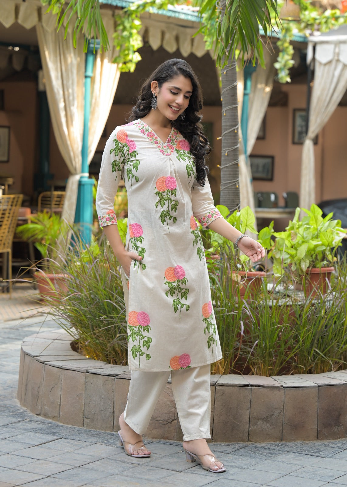 Rosy Bliss Off-White Cotton Kurta Set