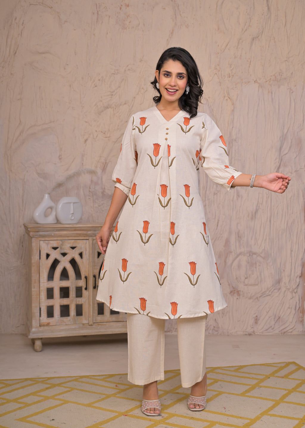 Tulip Grace Beige Cotton Kurta Set
