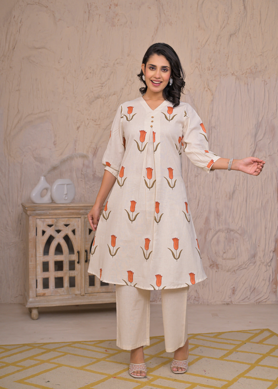 Tulip Grace Beige Cotton Kurta Set