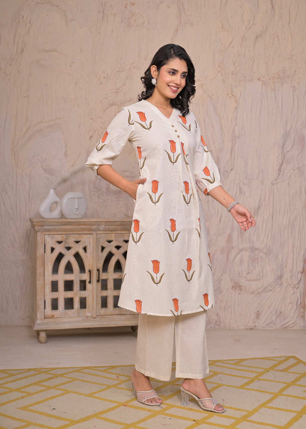 Tulip Grace Beige Cotton Kurta Set