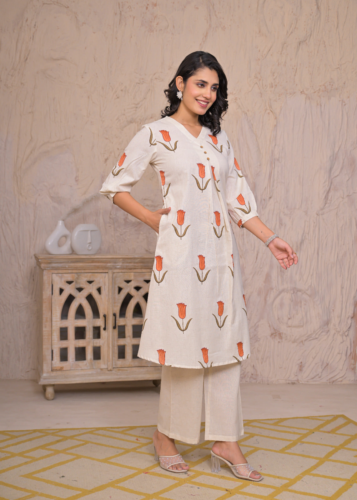 Tulip Grace Beige Cotton Kurta Set
