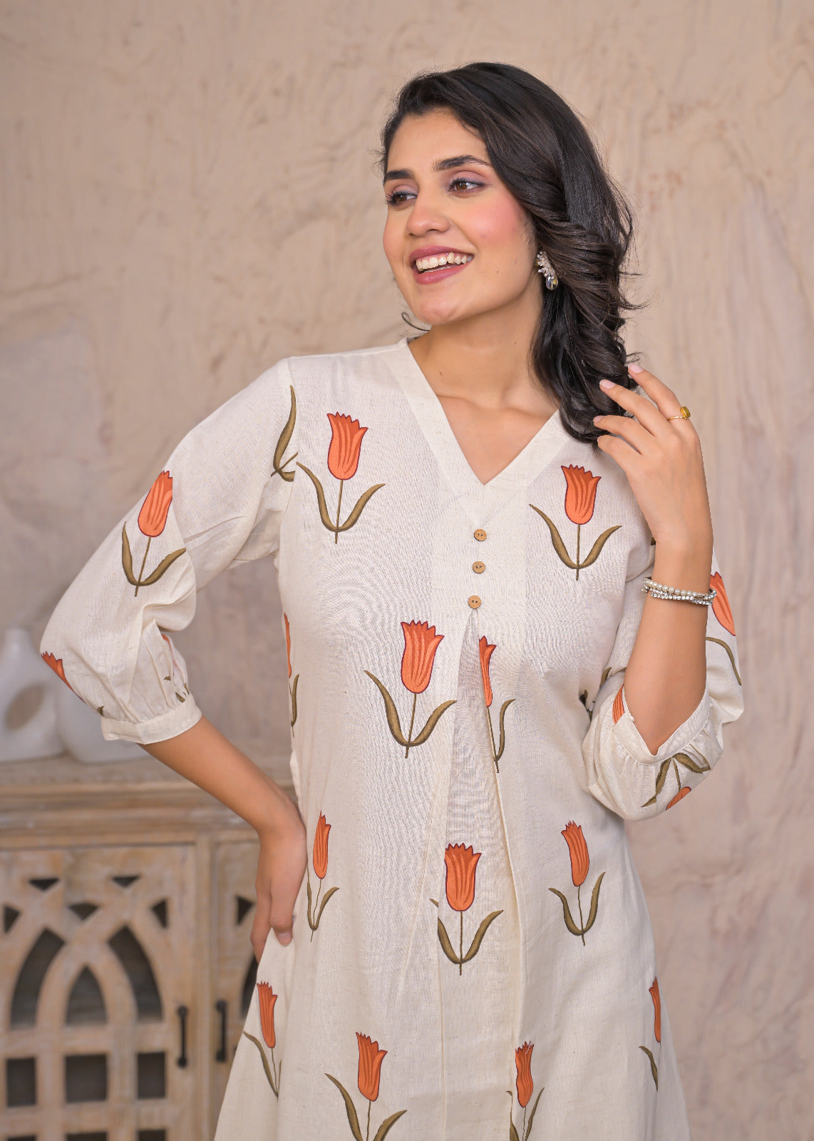 Tulip Grace Beige Cotton Kurta Set