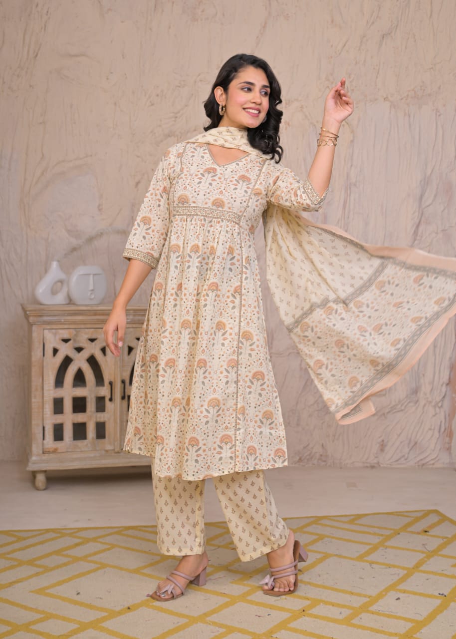 Ethereal Blossom Flared Cotton Kurta Set