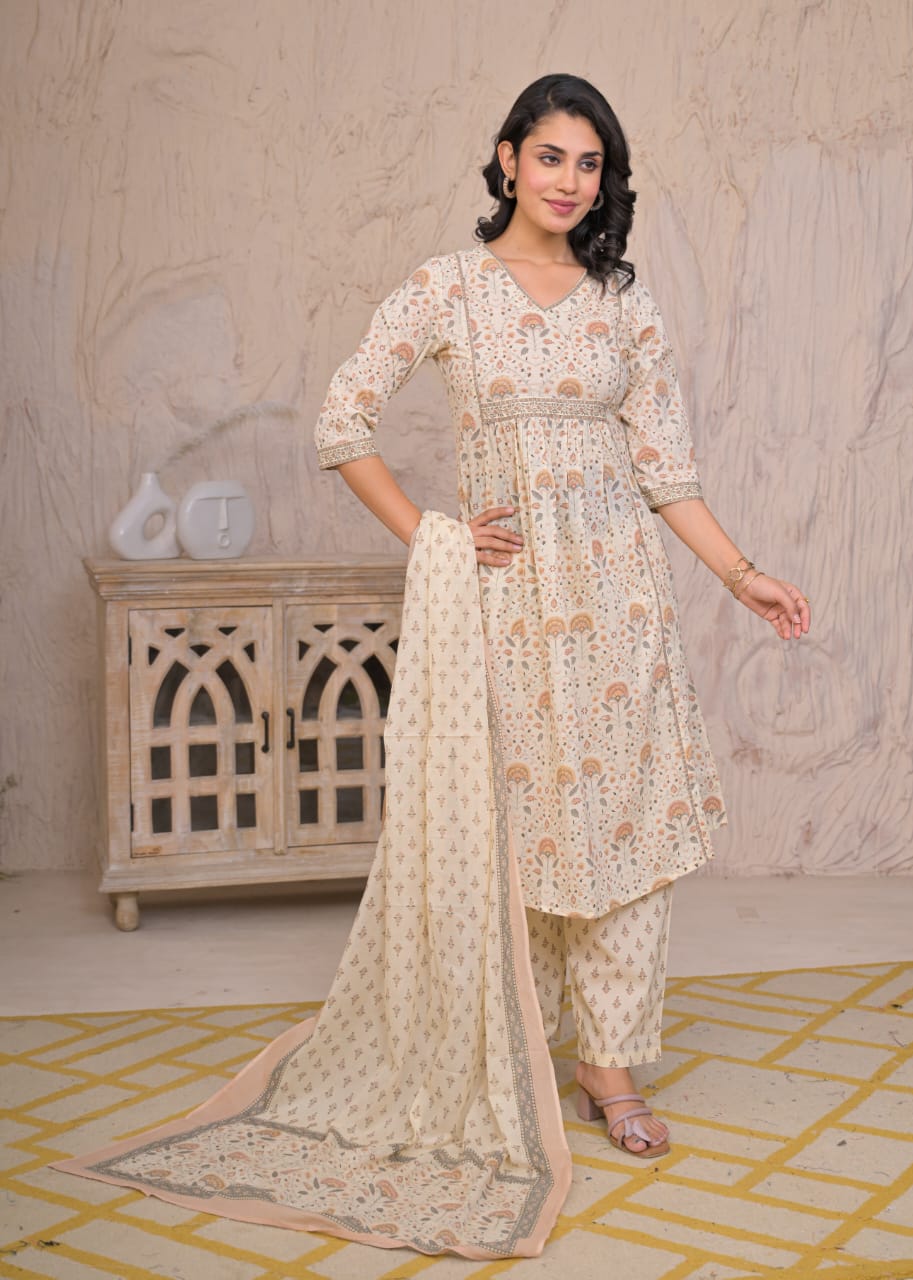 Ethereal Blossom Flared Cotton Kurta Set
