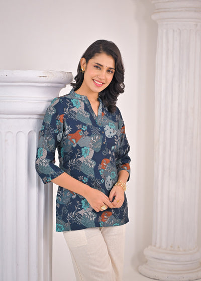 Teal Floral Short Kurti