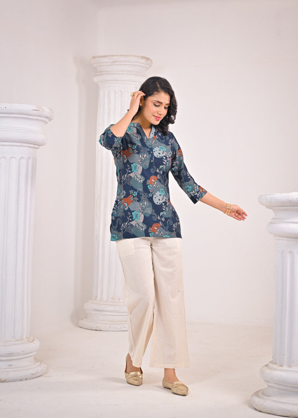 Teal Floral Short Kurti