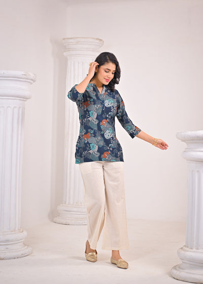 Teal Floral Short Kurti