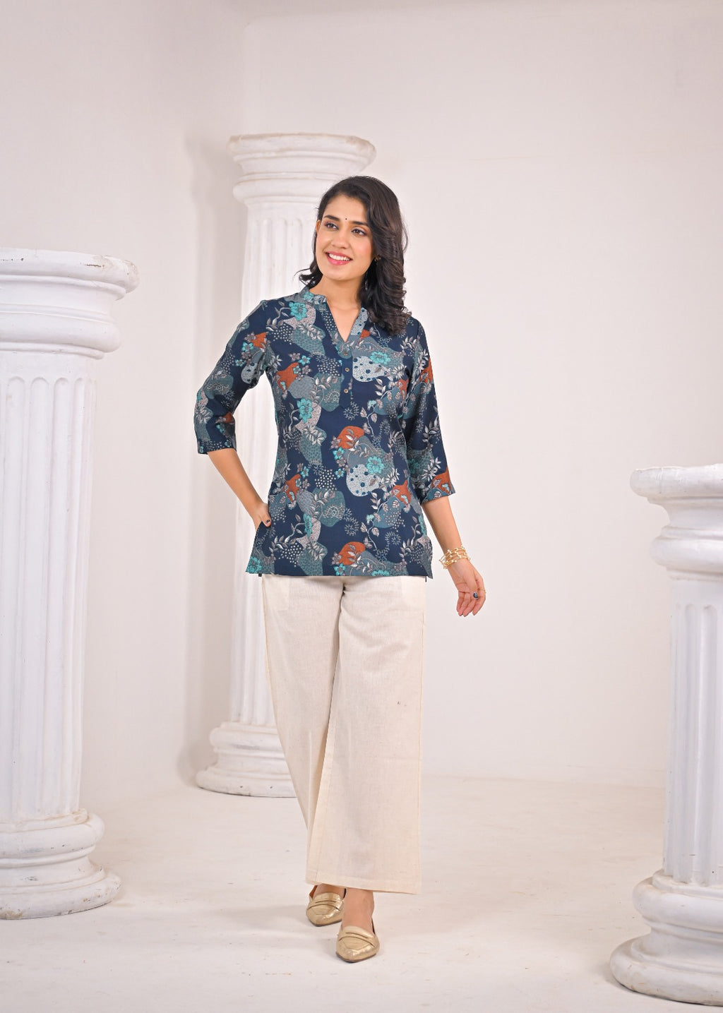 Teal Floral Short Kurti