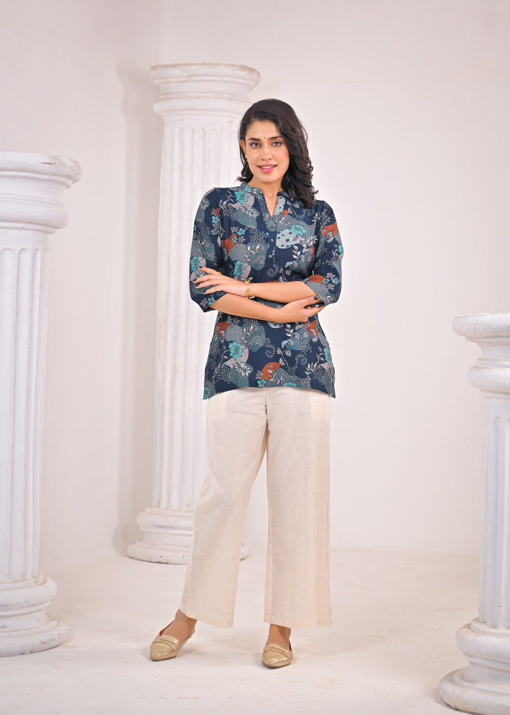 Teal Floral Short Kurti