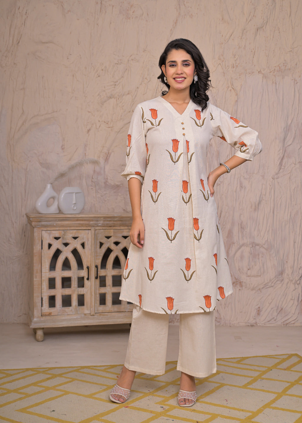 Tulip Grace Beige Cotton Kurta Set