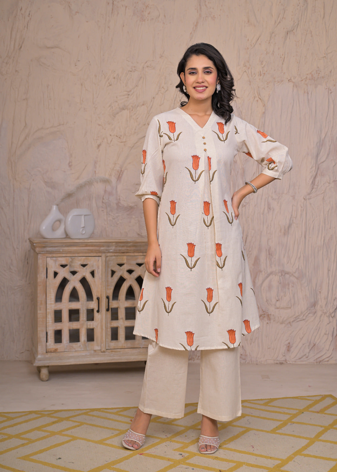Tulip Grace Beige Cotton Kurta Set