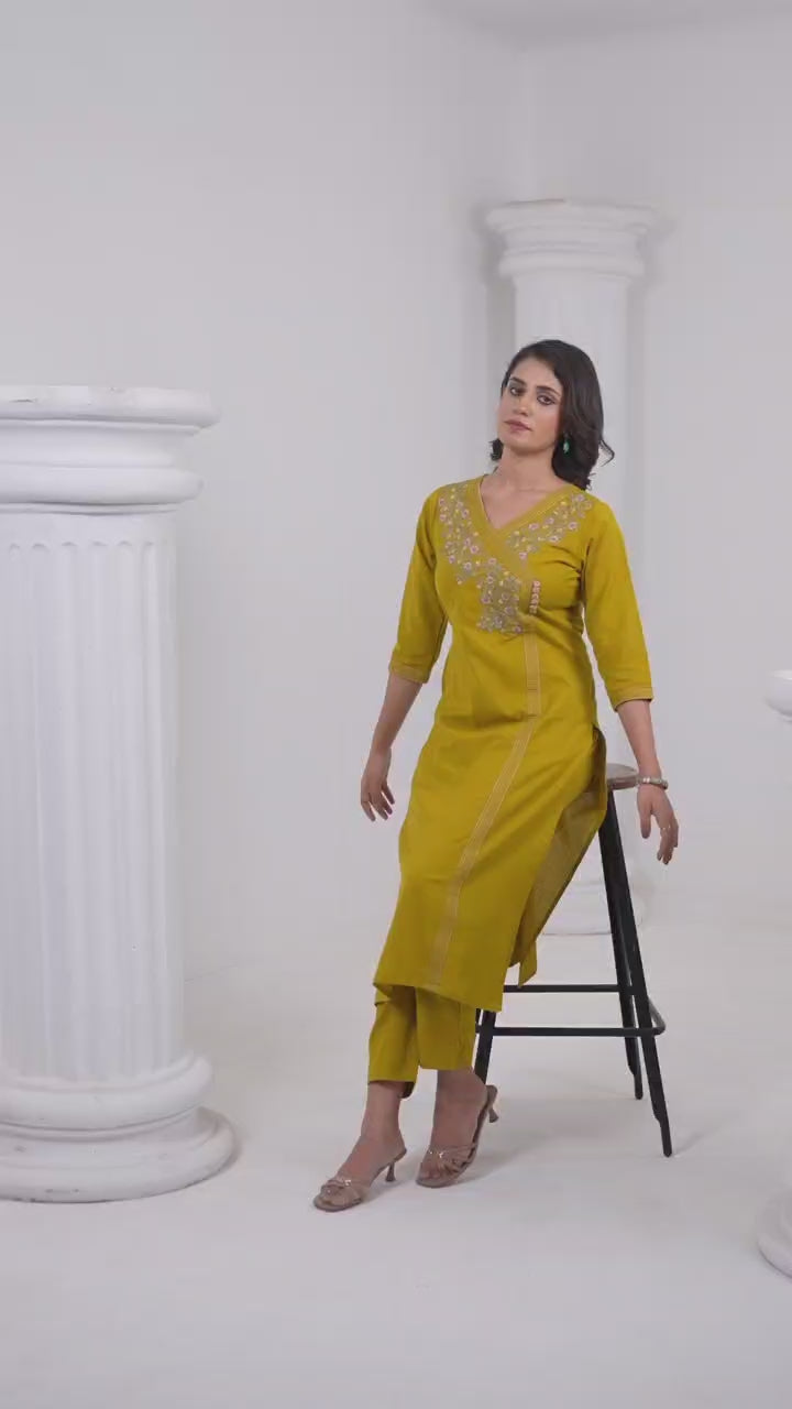 Mustard Yellow Embroidered Kurti Set